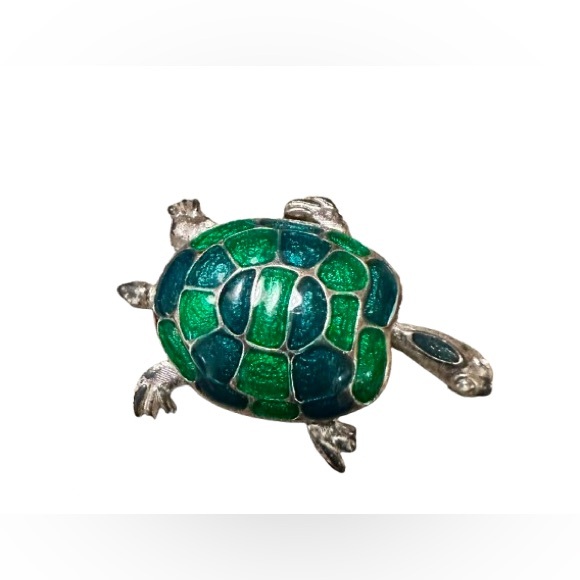 Green Enamel Turtle Brooch – Silver-Tone Pin - Picture 6 of 7